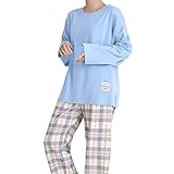 Eauptffy Women's Long Cuddly Pyjama Set 2-Piece Autumn Sleepwear Casual Women's Pyjamas Soft Leisure Suit Two Piece Loungewear Long Sleeve Shirt and Checked Trousers Sleepwear, Light blue, L