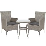 Outsunny 3 Pieces Rattan Bistro Set, Wicker Garden Furniture Set with 2-Tier Coffee Table and Chairs, Washable Cushions, for Outdoor Patio Balcony, Grey