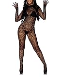 PARUPRUP Woman Sexy Fishnet Bodystocking Leopard Print Lingerie Long Sleeve Jumpsuit Lace Back Cutout Bodysuits Mesh Sheer Nightwear Mock Neck Underwear One Piece Catsuit Rave Costume