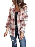 LACOZY Women's Button Down Jacket Oversized Flannel Checked Hooded Shirt Long Sleeve Hoodies Pink S