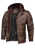 HOOD CREW Men’s PU Faux Leather Motorcycle Bomber Jacket With a Removable Hood Brown 4XL