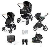 Ickle Bubba Cosmo Travel System with Stratus i-Size Car Seat & ISOFIX Base (Black/Gunmetal) – Birth to 22kg, Convertible Pram Seat, UPF Hood, Footmuff, Raincover & Changing Bag