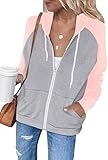LACOZY Women's Long Sleeve Zip-Up Jacket Lightweight Hooded Sweatshirt Color Block Hoodie Tops Coat Pink M