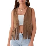 YILEEGOO Women Tassel Vest 70s Faux Suede Rivets Sleeveless Fringe Waistcoat Jacket Open Front Boho Western Jacket Cardigan (Camel, M)