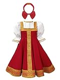 MSemis Kids Girl Russian Traditional Costume Princess Dress Halloween Festival Carnival Cosplay Party Fancy Dress Up Red 5-6 Years