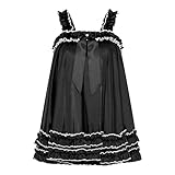 Satini Lingerie Satin Sissy Ruffle Hem Frilly Babydoll Dress Negligee Feminine Crossdress Cosplay (Black, XL)