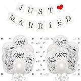 Bealif Just Married Wedding Decoration with 38 Balloons, 1pcs Just Married Banner, Just Married Car Decoration Mr and Mrs Balloons Silver Just Married Confetti for Wedding Bridal Shower Decorations