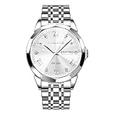 PINDOWS Watch for Men Diamond Business Dress Analog Quartz Wrist Watch Luxury Waterproof Luminous Date Two-Tone Stainless Steel Band Classic Fashion Men Watches