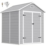 Outsunny 6 x 5ft Garden Shed with Floor, Window, Lockable Doors and Vents, Wood Effect Resin Tool Storage for Outdoor Patio, Light Grey