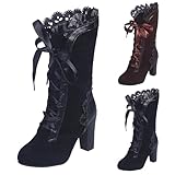 Victorian Boots for Women Lace Up Renaissance Sweet Bow Goth Vintage Ruffles Costume Mid Heels Granny Boots Bow Ruffles Goth Witch Mid Calf 70s Low Heel Shoes