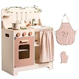 ROBOTIME Wooden Play Kitchen, Kids Toy Kitchen with Apron, Glove and Curtain, Children Kitchen with Leaf String, Educational Pretend Play Cooking Set, Rustic Style Gift for Girls Aged 3+, Cream Rose