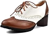 KISSASA Womens Wingtip Block High Heeled Brogues Vintage Lace Up Oxford Shoes Size 6UK,Brown