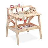 Melissa & Doug Wooden Project Solid Wood Workbench – Sturdy Kids’ Tool Bench with Functioning Vise, Tool Rack & 55-Piece Construction Set – Pretend Play Toy for Kids Age 3 Plus