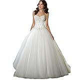 LNNLSS Wedding Dress Women Strapless Sweetheart Beaded Corset Bodice Classic Tulle Wedding Dress Lace Appliques Bridal Gown Bridal Wedding Dress, White, US4