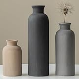 Modern Black Ceramic Vase Set, Ribbed Design, Decorative Flower Vases for Home Decor, Living Room, Kitchen, 3-Piece Set (Black Mix)