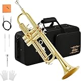 Eastar Bb Standard Trumpet Set for Beginner, Student Brass Trumpet Instrument with Hard Case, Cleaning Kit, 7C Mouthpiece and Gloves, ETR-380, Golden