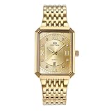 JewelryWe Rectangular Quartz Analogue Watches: Men Gold Quartz Analogue Square Tank Wristwatch Elegant Stainless Steel Dress Cuff Watches