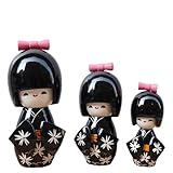Handmade Japanese Wooden Kokeshi Dolls in Kimono, for Home Decor and Gift - Set of 3 (Black)
