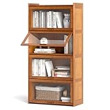 COSTWAY 4-Tier Bookcase, 140cm Bamboo Bookshelf with See-through Acrylic Doors, Freestanding Cube Organizer Display Cabinet for Study Room, Living Room and Bedroom (Brown)