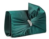 LeahWard Evening Clutch Bag with Bow, Satin Wedding Party Bags, Crystal Rhinestone Detail, Chain Strap (Admiral Green)