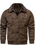 HOOD CREW Men’s Faux Fur Flight Bomber Jacket Vintage Winter Coats Fleece Lined Leather Jackets, Brown, Medium