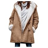 AEGJEGVD Women Fleece Coat,Solid Color Suede Hooded Long Sleeve Double Breasted Warm Wool Coats,Ladies Autumn Winter Thermal Jacket Outdoor Windproof Mid Length Jackets with Pockets Overcoat S-5XL