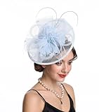 Sinamay Flower Feather Headband Fascinator Wedding Headwear Ladies Race Royal Ascot Pillbox Wedding Cocktail Tea Party Derby Hat for Women(SG-Light Blue)