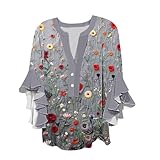 Cotton Tops for Women UK Floral Printing Activewear V Neck Button Up Soft Elegant Clothes Pullover Ruffle 3/4 Sleeve Ladies T-Shirts Hawaiian Ladies Blouse Tees Tunic