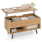 COSTWAY Lift Up Top Coffee Table, Wooden Lifting Cocktail Center Table with Hidden Storage Compartment and Open Shelves, Rectangle Accent Sofa Side Tea Tables for Living Room Office (Natural)
