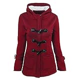 Flodxo Fleece Winter Coats Women Wool Blend Long Coats Plus Size Trench Coat with Fur Hood Horn Toggles Ladies Duffle Vintage Parka Outerwear Loose Fit Overcoat Lightweight Windbreaker Jackets Red M
