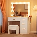 DWVO Dressing Table and Stool with LED Bulb Mirror, Vanity Table with Adjustable Lighting, 4-Drawer Storage, Hair Dryer Rack & Built-in Plug Socket, Dressing Table for Bedroom, White