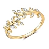 Sterling Silver Rings for Women, 925 Gold Open Adjustable Leaf Ring with Cubic Zirconia Jewelry Gift for Wedding Anniversary Birthday