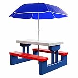 Spielwerk® Kids Garden Picnic Table and Bench Set | Umbrella Sunshade Parasol UV Protection | Toy Dining Outdoor Patio Furniture | Children Toddler | Play Activity Set | Blue Red White