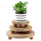 Qivine 3Pcs Wooden Plant Stand, 10/8/6 Inch Mini Plant Stands Indoor with 3 Removable Legs of Each, Round Plant Pot Stand for Indoor Outdoor Home Patio Decoration