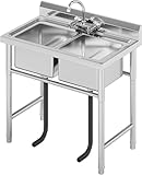 Catering Sink Commercial Stainless Steel Double Bowl Unit, Stainless Steel Restaurant Kitchen Sink(100x60x94cm)