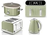 Swan Retro Green 1.5L 3KW Jug Kettle, 4 Slice Toaster, 8L Dual Basket Air Fryer and 3.5L Slow Cooker. Matching Retro Design Kitchen Appliances Set of 4 in Green