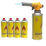 Blow Torch Head Butane Weed Burner Auto Ignition Welding Gas Flamethrower for Cooking, Catering Culinary, Blower Crafts, Camping BBQ & Fire Starter (Torch Head+4 Canisters)