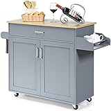 TANGZON Kitchen Island on Wheels, Rolling Storage Trolley with Large Cabinet, Drawer, Adjustable Shelf, Wood Worktop, Spice & Towel Rack, Utility Serving Cart for Dining Living Room Restaurant (Grey)