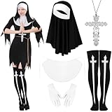 Bofeiya 5Pcs Nun Costume Accessories Nun Fancy Dress Priest Costume Include Headpiece Collar Knee Thigh High Socks Necklace Gloves for Halloween Female Nun Outfit