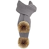 TOSKATOK®Ladies Long Ribbed soft acrylic scarf with pompom trim-GREY