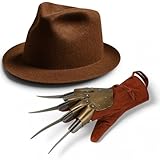 Ploutos World Wide Freddy Krueger Hat & Glove Set – Horror Killer Halloween Costume Accessories for Adults, Scary Nightmare Claw Glove & Brown Fedora Hat for Fancy Dress Party