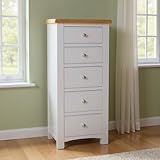 GROFurniture Painted Cashmere Grey Slim Wellington Chest of Drawers, Tallboy, 5 Deep Drawers, Oak Bedroom Furniture, Living room Storage, Fully Assembled Tallboy