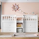 Merax Children's Mid Sleeper Cabin Bed Frame, Kids Single Bed with Storage, Wooden Storage Bed with 4 Drawers, Two Step Stairs, Safety Guardrail, White, 90 x190 cm