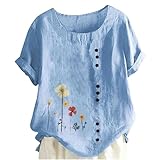 TURWXGSO Womens Tops Round Neck Short Sleeve Dressy Blouse Casual Floral Printed Button T-Shirt Plus Size Linen Shirts Loose Stylish Top for Everyday Going Out S-5XL Sale