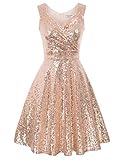 GRACE KARIN Ladies 1950s Dress Elegant Sequins V-Neck Ruffled Wedding Guest A-line Retro Dress XXL Sequin Rose Gold