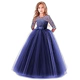Flower Girls 3/4 Sleeve Long Tulle Floral Lace First Communion Pageant Dress Kids Floor Length Birthday Princess Bridesmaid Wedding Evening Maxi Dress A line Formal Party Prom Ball Gowns Navy Blue 7-8