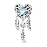 Moonstone Love Heart Dream Catcher Charm Bead Feathers Genuine 925 Sterling Silver Compatible With Pandora Bracelet