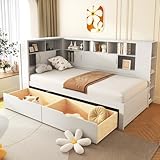 Gelukueub Platform bed with trundle & bookcase & USB, Single Bed-3ft(90 * 190cm), Household bed, Multifunctional bed, with 2 storage drawers, dust-proof cabinet and shelves, large storage space,white