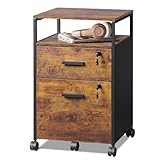 DEVAISE 2 Drawer Mobile File Cabinet, Filing Cabinet with Open Storage Shelf, Wood Lockable Under Desk Drawers fit A4 or Letter Size, Rustic Brown
