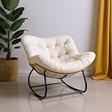Egg Chairs Oversized Rattan Wicker Outdoor Rocking Chair Metal Frame Garden Rocking Chair Large Support Modern with Cushioned Seat (White)